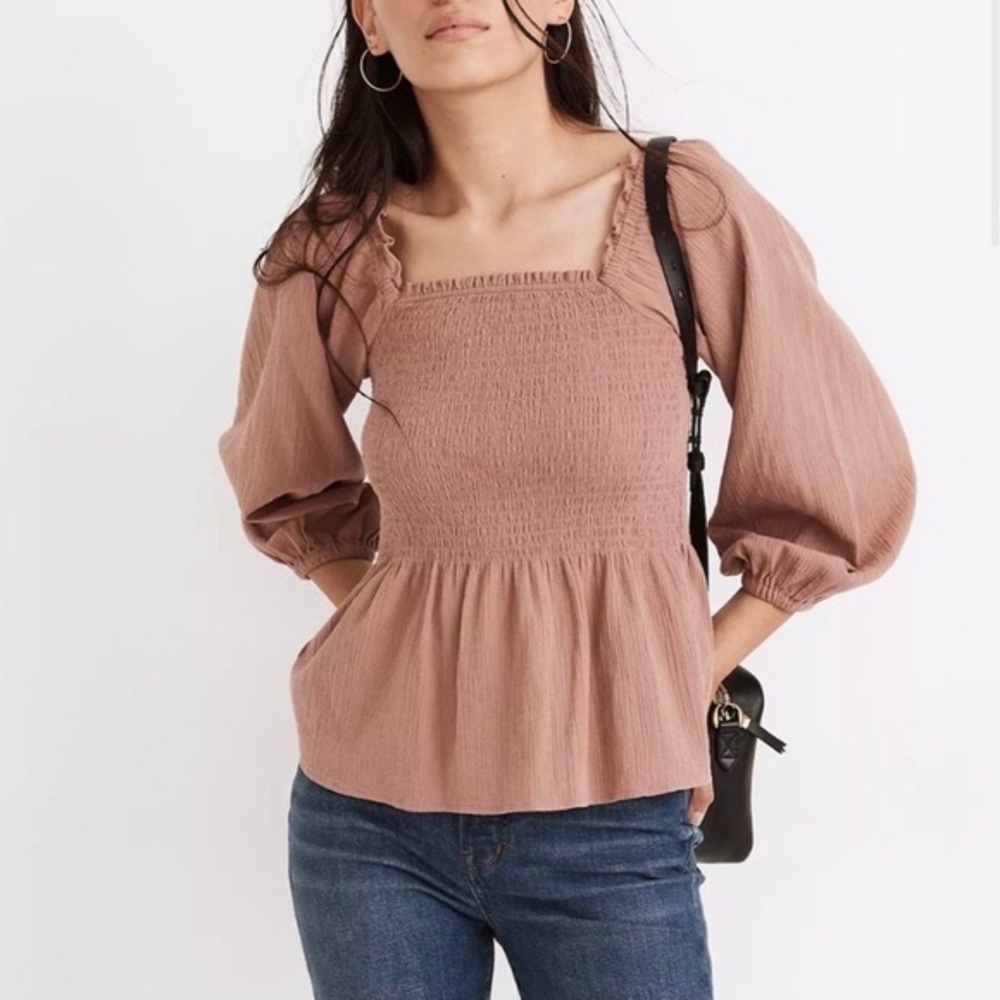 Madewell lucie smocked peplum top
size: 16
color: faded mauve